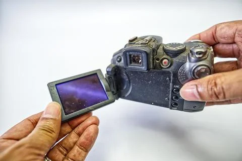 Old digital camera with an articulating screen Stockfoto's