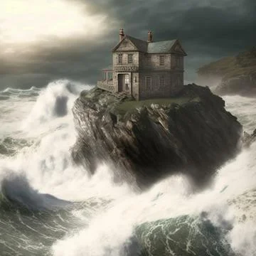 An old dilapidated house on the edge of a cliff under the onslaught of waves Stock Illustration