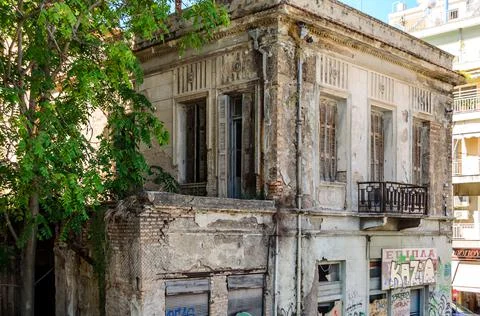 Old Dilapidated Neoclassical Two Floor House in Patras Downtown, Greece Stock Photos
