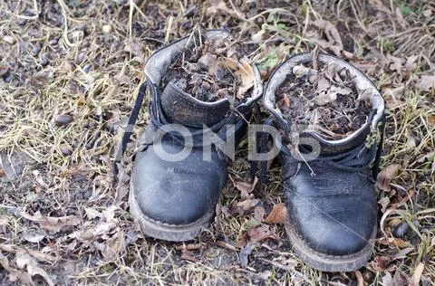 Old dirty boots shoe with leaves and soil Stock Photos