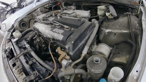 Old Dirty Car Engine Bay Of a Vehicle 스톡 동영상 96405048