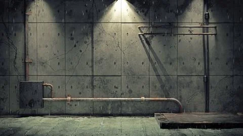 Old dirty cellar flooded from a pipe break. 3d rendering Ilustración de archivo
