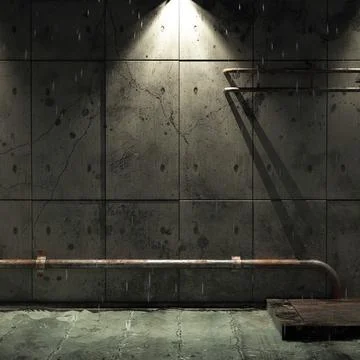 Old dirty cellar flooded from a pipe break. 3d rendering Ilustración de archivo