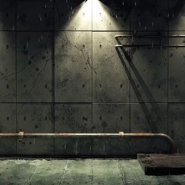 Old dirty cellar flooded from a pipe break. 3d rendering Ilustración de archivo