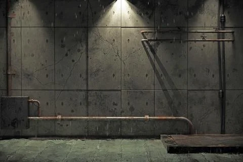 Old dirty cellar flooded from a pipe break. 3d rendering Stock Illustration