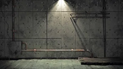 Old dirty cellar flooded from a pipe break. 3d rendering Stock-Illustration