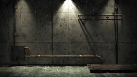 Old dirty cellar flooded from a pipe break. 3d rendering Ilustración de archivo