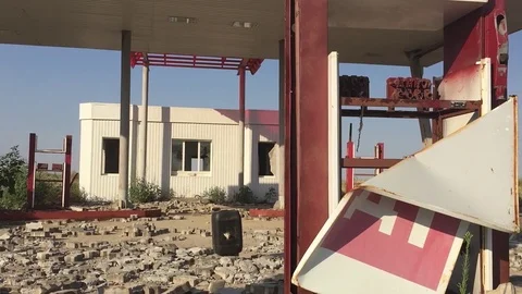 Old dirty gas station road 66. Abandoned gas station oil end of fuel the world Stock Footage