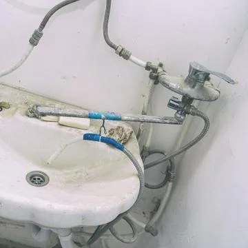 Old dirty sink with wrong connection of pipes and other plumbing Fotos Stock
