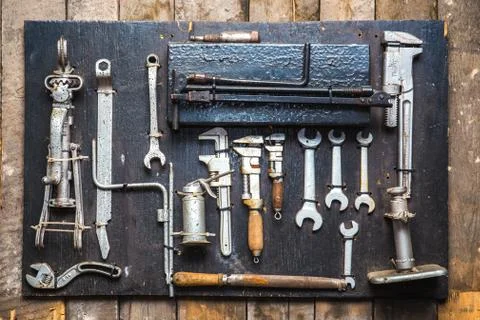 Old dirty tools set, car mechanics wrenches Stock Photos