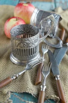 Old dishes on the table Stock Photos