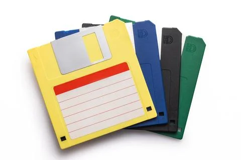 Old diskette or floppy disk for store information on retro computers isolated Stock Photos