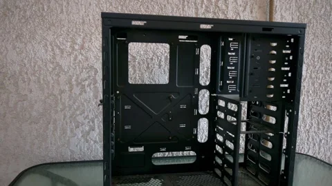 Old dissolved computer tower placed on a glass table outdoor. Stock Footage 329410374