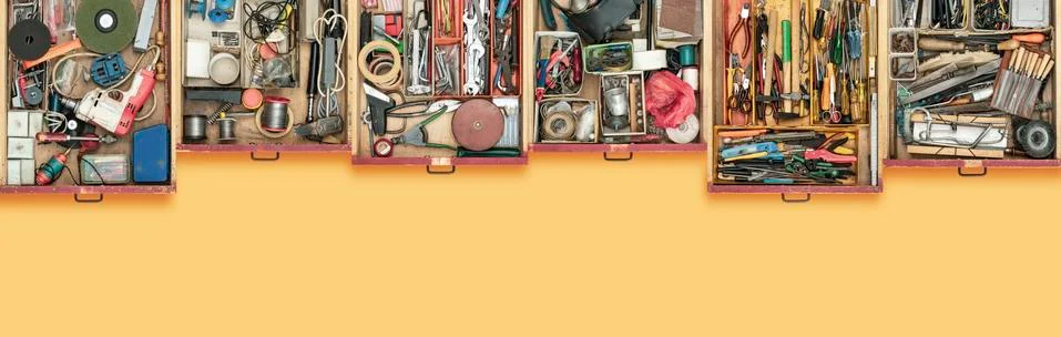 Old do it yourself work tools in drawers Stock Photos