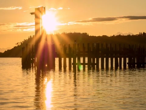 Old Dock Sunset Over Water Stock-Footage 74765891