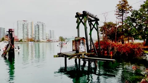 Old dock in Vancouver, B.C. False Creek harbour Stock Footage 229821925