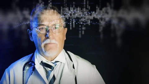 Old doctor in mask looking at augmented reality screen Stock Footage 129284733