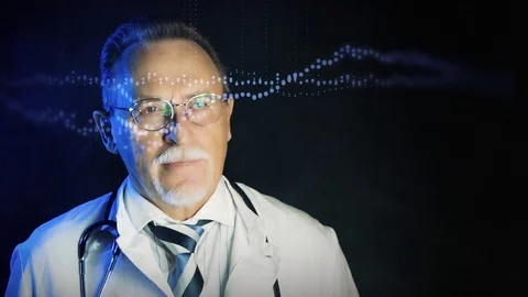 Old doctor in mask looking at augmented reality screen Stock Footage 129284931