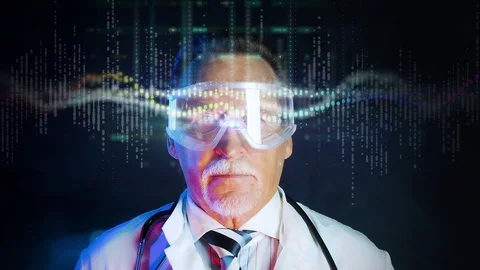 Old doctor in mask looking at augmented reality screen Stock Footage 129288258