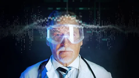 Old doctor in mask looking at augmented reality screen Stock Footage 129290796