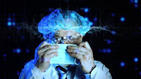 Old doctor in mask looking at augmented reality screen Stock Footage 129298886