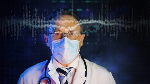Old doctor in mask looking at augmented reality screen Stock Footage 129301408