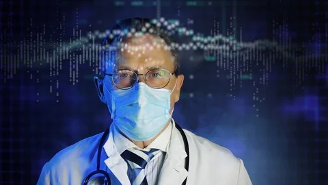 Old doctor in mask looking at augmented reality screen Stock Footage 129307229