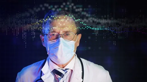 Old doctor in mask looking at augmented reality screen Stock Footage 129328570