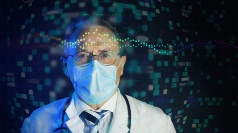 Old doctor in mask looking at augmented reality screen Stock Footage 129334327