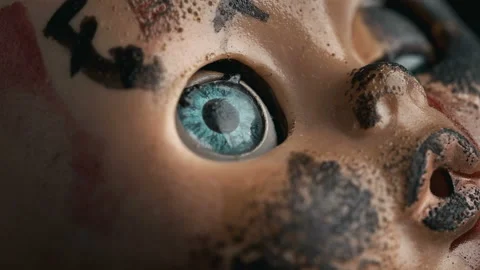 Old doll's head closeup, in motion Stock Footage 86574995