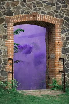 Old door frame in stone wall with purple smoke and green leaves, forest, Ukraine Stock Photos