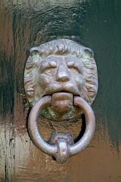 Old door knocker in shape of lion head Stock Photos