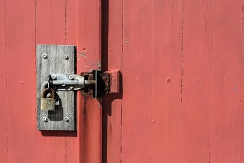 Old door red wooden rustic locker structure wall block design Stock Photos