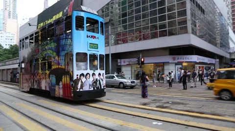 Old double-decker tram on the Wan Chai Road in Hong Kong Stock Footage 50630569