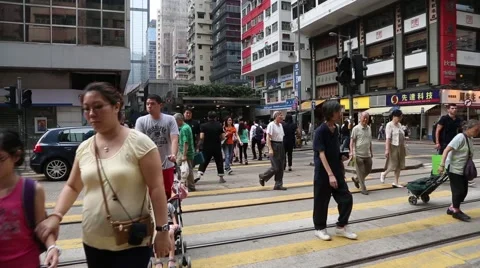 Old double-decker trams on the Johnston Road, Hong Kong Stock Footage 50445292