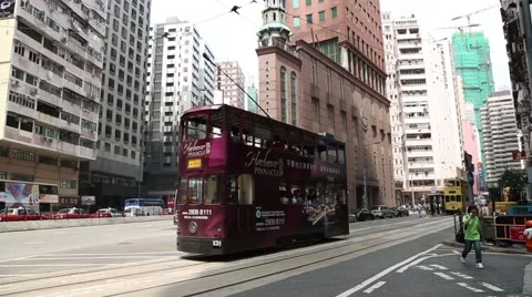 Old double-decker trams on the Queensway, Hong Kong. Stock Footage 50421514