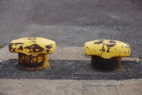 An old double pollard embedded into cement and asphalt taken in a rotten doxk Stock Photos