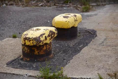 An old double pollard embedded into cement and asphalt taken in a rotten doxk Stock Photos