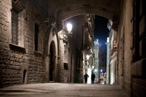 Old down part in night with brick road Stock Photos