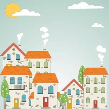 Old drawn city background with clouds. Vector Stock Illustration