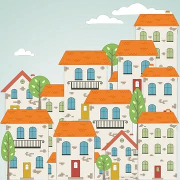 Old drawn city background with clouds. Vector Illustrazione stock