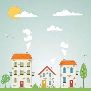 Old drawn city background with clouds. Vector Stock Illustration