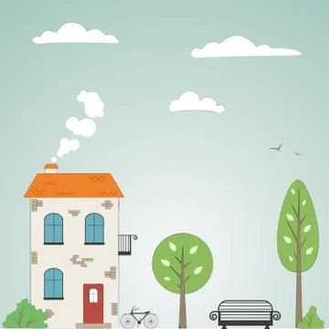 Old drawn city background with clouds. Vector Stock Illustration