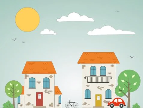 Old drawn city background with clouds. Vector Stock Illustration