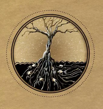 Old dried tree in the middle of the sea. Fish swim among dense roots. Stock Illustration
