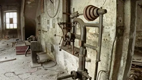 Old Drill Press View at Ruins Of Abandoned Building Stock Footage 143188120