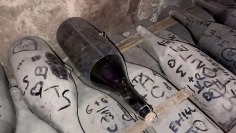 Old dusty champagne bottles storage Stock Footage 254588893