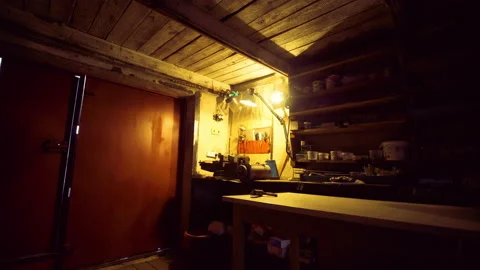 Old dusty mechanics workshop with old tools covered by dust Stock Footage 134649461