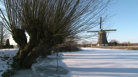 Old Dutch Windmill in Winter (two takes) Stock-Footage 10869963