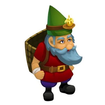 The old dwarf in a green cap with a burning candle is carrying a basket of Stock Illustration
